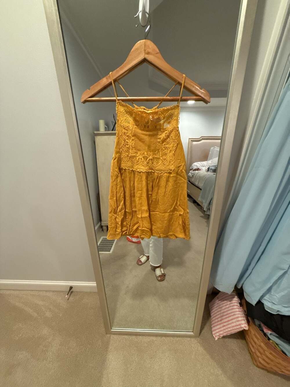 Alya Mustard Yellow Embroidered Lace Halter Strap Mini Dress Size XS